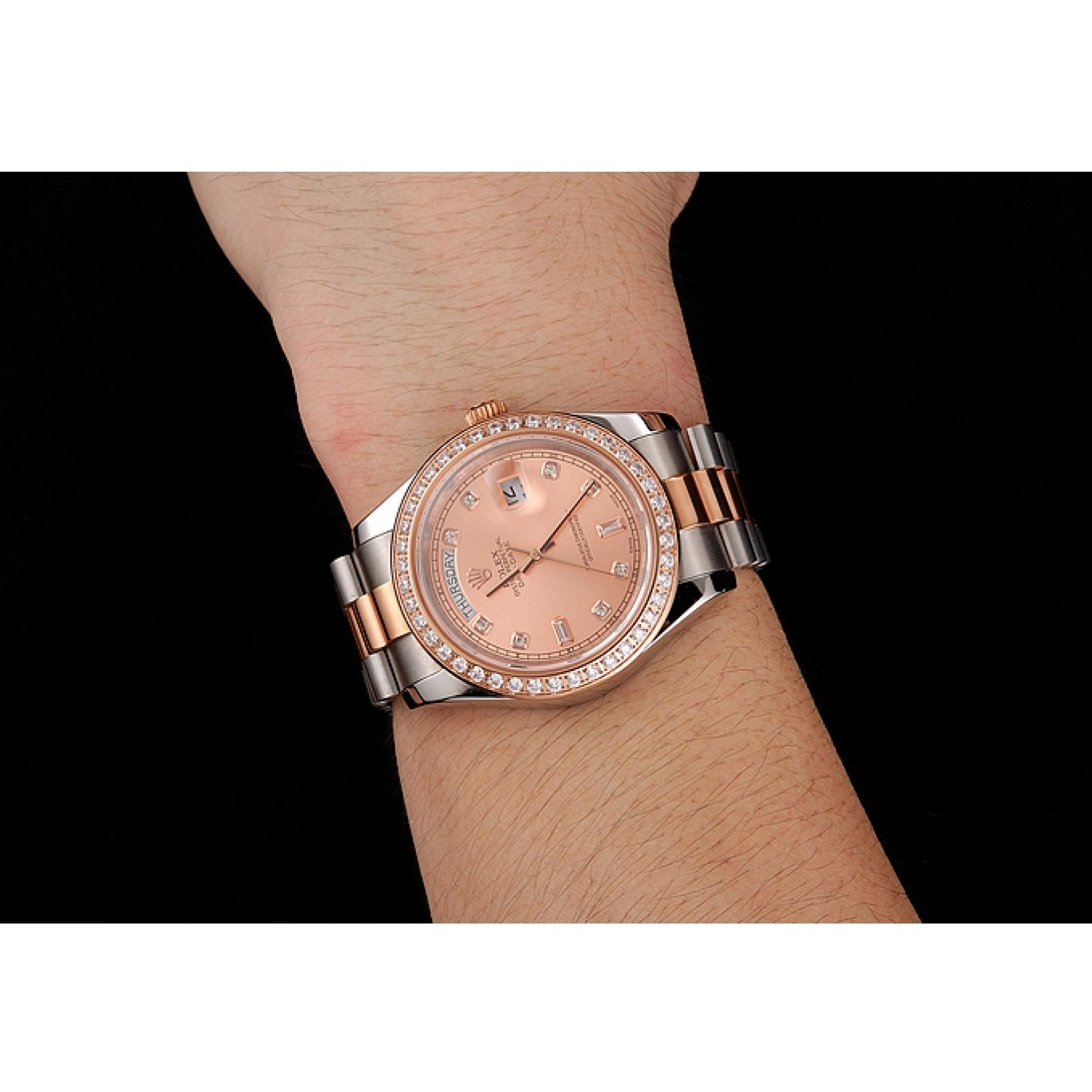Aaa replica watch Rose Steel And Staineless Swiss Diamonds Bezel Rolex Day-Date Bracelet Gold 1454107 0803
